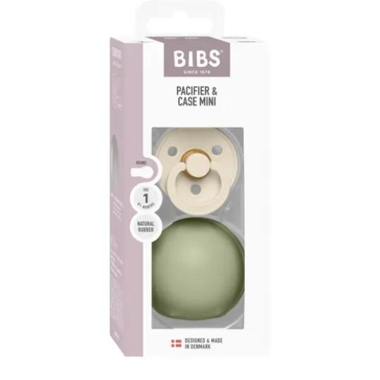 BIBS Colour Pacifier Round Latex Size 1 Ivory & Pacifier Case Mini Sage