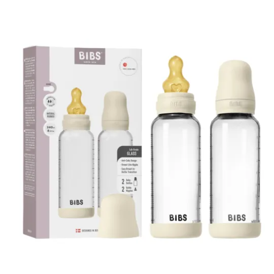BIBS Glass Baby Bottle Round Latex Medium Flow Ivory 240 ml 2-pack