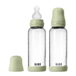 BIBS Glass Baby Bottle Round Silicone Medium Flow Sage 240 ml 2-pack