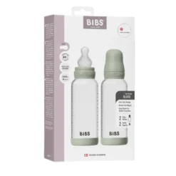 BIBS Glass Baby Bottle Round Silicone Medium Flow Sage 240 ml 2-pack