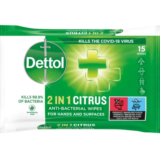 Dettol 2-in-1 Desinfektionswipes för Händer & Ytor 15 st