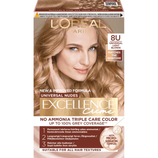 L'Oréal Paris Excellence Universal Nudes Permanent Hårfärg 8U Universal Light Blonde