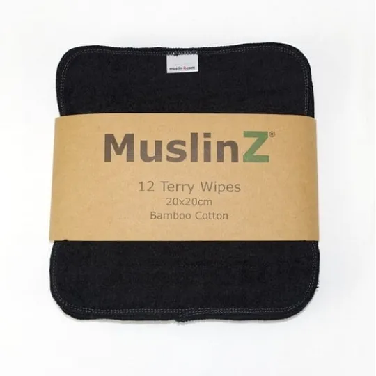 MuslinZ Bamboo Cotton Terry Wipes Black 12-pack
